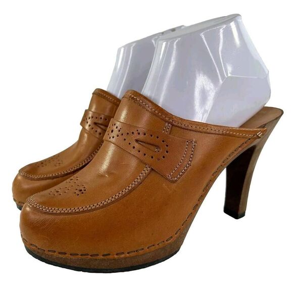IMBERIAL Women's wooden Heels mules US 7 B Cognac Leather Leather Slide Clogs - Picture 1 of 9